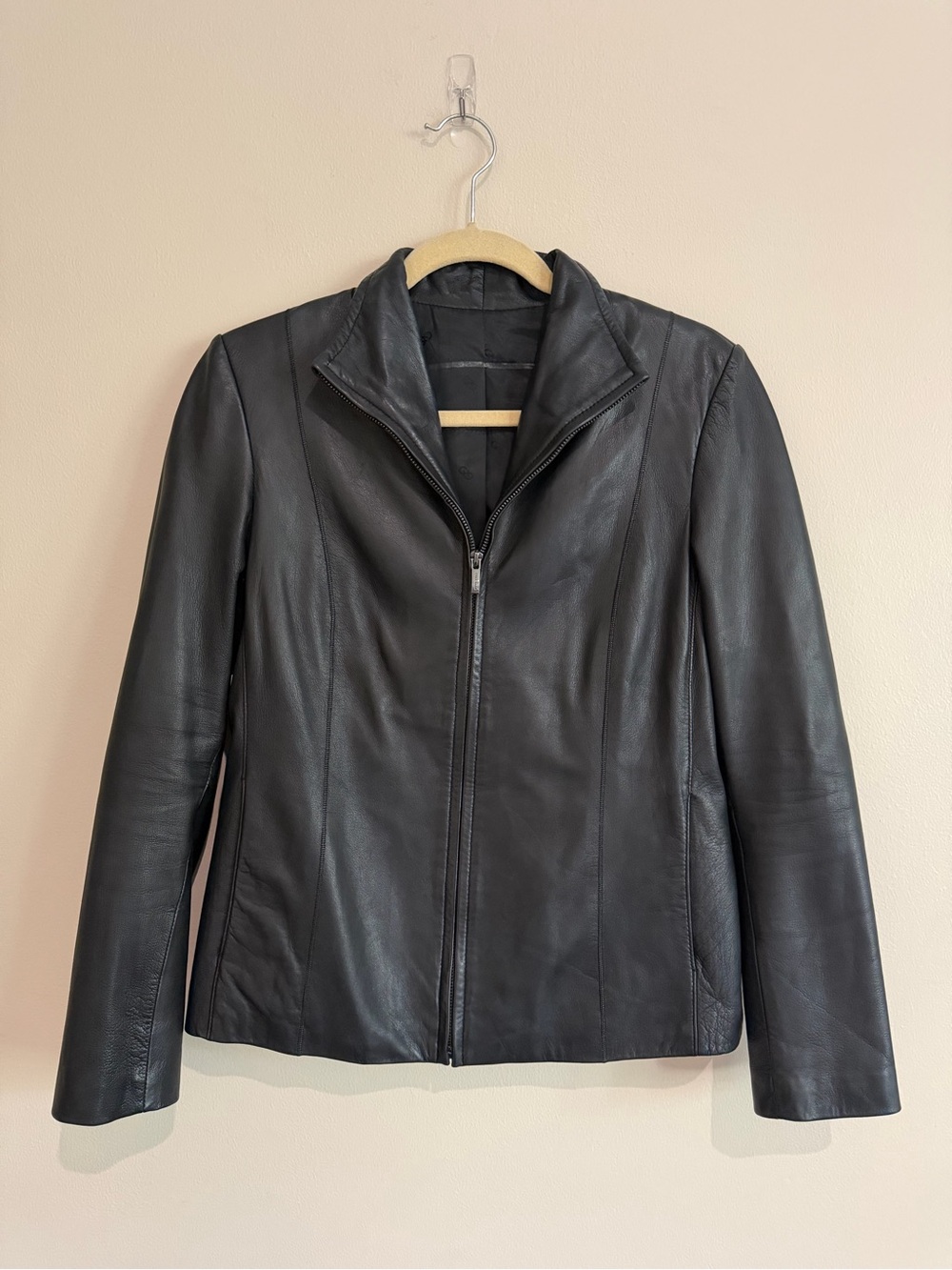 Cole Haan Black Lambskin Leather Jacket Full Zip Wing Collar Scuba Fitted Sz M